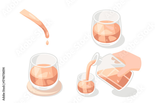 Decanter Pouring Elegance. Isometric vector illustration set Decanter Pouring Scene and Details: stream of liquor captured mid-air