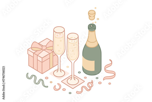 Champagne Celebration Icons. Isometric vector illustration set Champagne Celebration Scene: flute glasses beside gift box, bottle