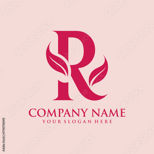 Elegant R Letter Logo with Floral Leaf Accents