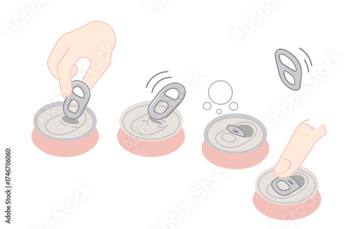 Soda Tab Animation. Isometric vector illustration set Soda Tab Opening Sequence: hand lifting aluminum tab, tab bending with click