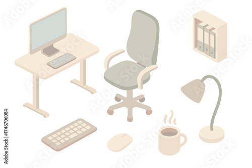 Home Office Essentials. Isometric vector illustration set Home Office Setup: standing desk with monitor, ergonomic chair with