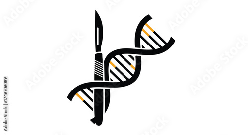 Surgical scalpel intersects with DNA helix, symbolizing genetic surgery and medical research.