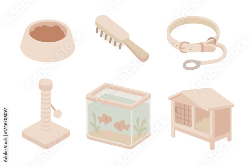 Pet Care Essentials. Isometric vector illustration set Pet Care Essentials: pet food bowl, grooming brush, leash with collar,