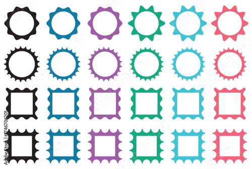Set of circles with zigzag edges, Sunburst sticker shapes, Rounded starburst zigzag, postage stamp. Postage stamp template collection. Letter stamps with perforated edges. Wavy jagged edge frames. 
