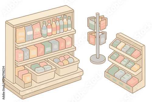 Convenience Store Display. Isometric vector illustration set Convenience Store Display: snacks arranged on shelf, drinks aligned