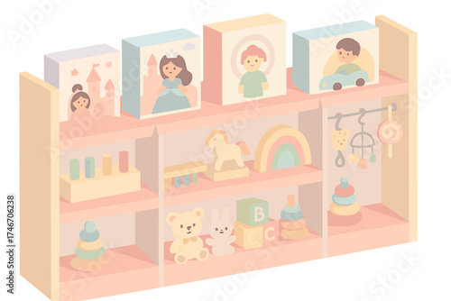 Toy Store Display. Isometric vector illustration set Toy Store Shelf Display: colorful toys arranged by size, boxed sets on top
