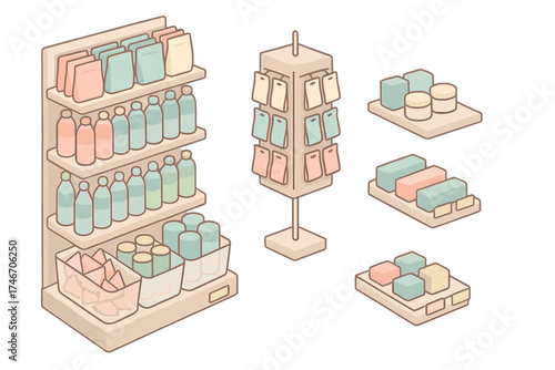 Convenience Store Display. Isometric vector illustration set Convenience Store Display: snacks arranged on shelf, drinks aligned