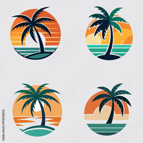 Retro Tropical Sunset Palm Tree Logos Collection
