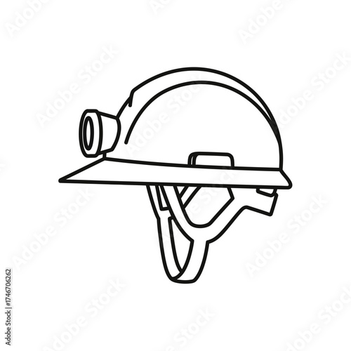 A simple black and white line drawing of a miners safety helmet with a headlamp.