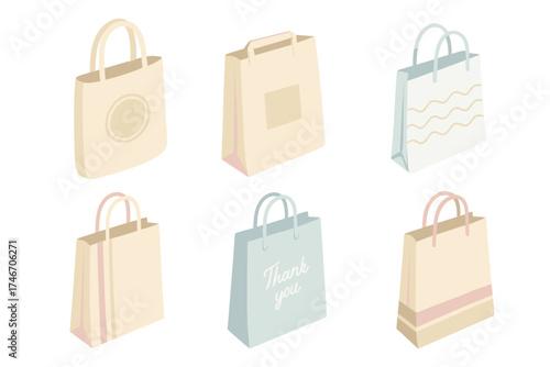 Promotional Shopping Bags. Isometric vector illustration set Promotional Shopping Bags: logo print on tote bag, branded paper bag