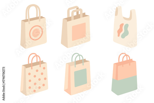 Promotional Shopping Bags. Isometric vector illustration set Promotional Shopping Bags: logo print on tote bag, branded paper bag