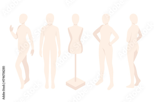 Minimalist Mannequin Poses. Isometric vector illustration set Minimalist Fashion Forms: faceless mannequin in graceful pose,