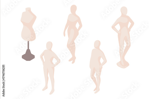 Minimalist Mannequin Poses. Isometric vector illustration set Minimalist Fashion Forms: faceless mannequin in graceful pose,