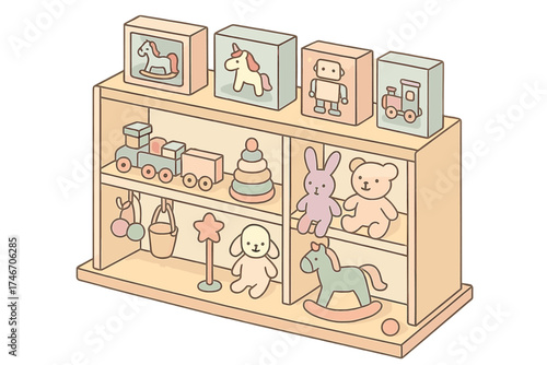 Toy Store Display. Isometric vector illustration set Toy Store Shelf Display: colorful toys arranged by size, boxed sets on top