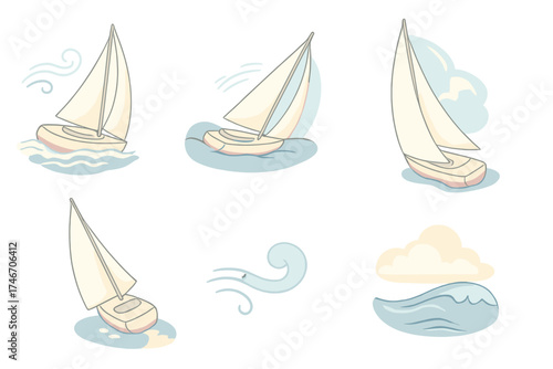 Sailing Motion Icons. Isometric vector illustration set Sailing Motion Icons: boat heeling with wind, mast tilted in breeze, sail