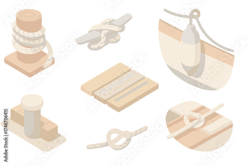 Boat Mooring Elements. Isometric vector illustration set Boat Mooring Elements: dock post with rope wrapped, cleat with mooring