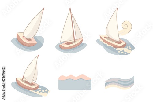 Sailing Motion Icons. Isometric vector illustration set Sailing Motion Icons: boat heeling with wind, mast tilted in breeze, sail