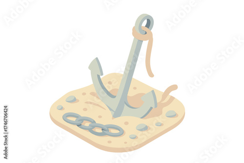 Submerged Anchor Scene. Isometric vector illustration set Submerged Anchoring Scene: seabed with chain indentations, hook-style