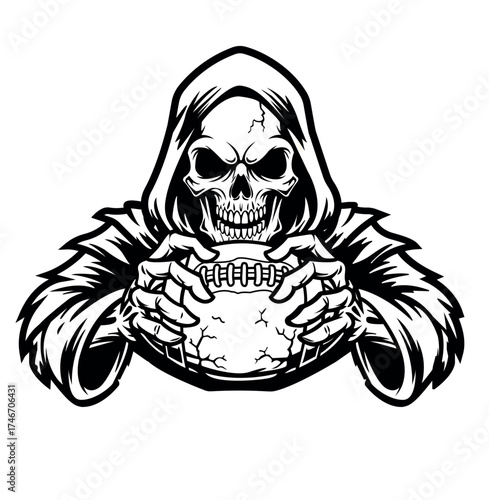 Grim Reaper Silhouette Holding Mystic Orb solid black vector style silhouette on white