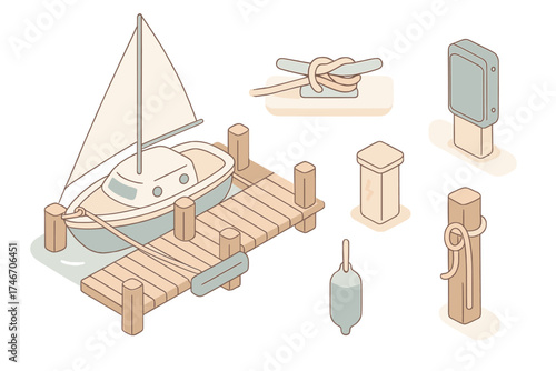 Isometric Harbor Dock Scene. Isometric vector illustration set Harbor Dock Scene: dock walkway with tied sailboat, rope cleat with
