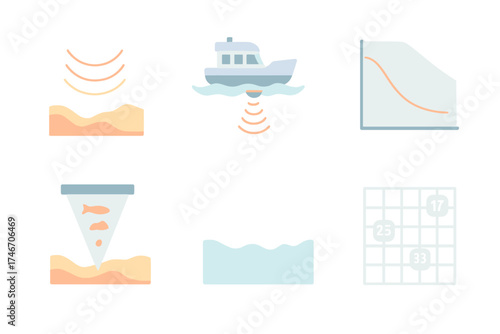 Isometric Sonar Mapping. Isometric vector illustration set Subsurface Mapping System: sonar pulse reaching varying depths, ship