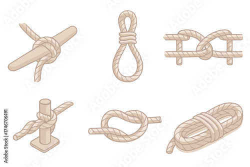 Nautical Rope Techniques. Isometric vector illustration set Nautical Rope Techniques: sailor's rope with rolling hitch, decorative
