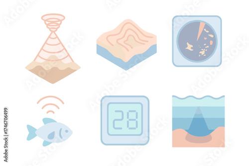 Nautical Sonar Icons. Isometric vector illustration set Nautical Sonar Readings: echo wave pulse to bottom, sonar-generated sea