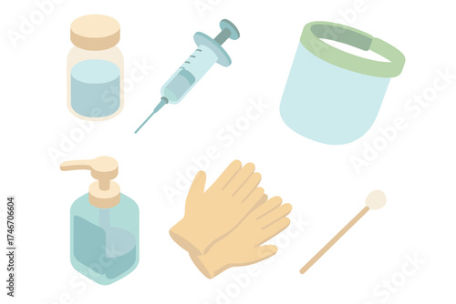 Vaccination Essentials Icons. Isometric vector illustration set of vaccination and prevention: vaccine vial, syringe needle,