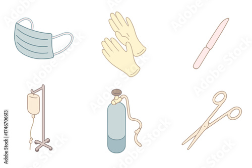 Hospital Tools Icons. Isometric vector illustration set of hospital tools: surgical mask, latex gloves, scalpel, IV drip stand,