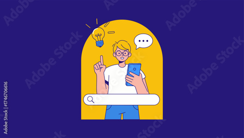 Illustration of man with idea using smartphone, search bar, vector illustration
