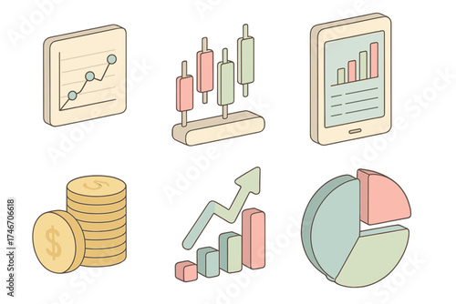 Digital Investment Elements. Isometric vector illustration set of digital investments: stock chart, candlestick graph, tablet with