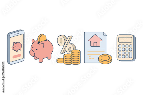 Digital Savings Icons. Isometric vector illustration set of digital savings and loans: mobile bank loan request, digital piggy