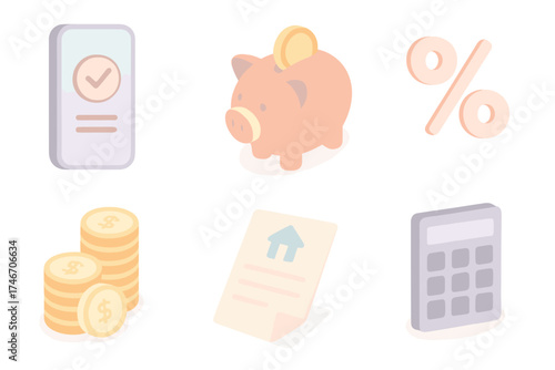 Digital Savings Icons. Isometric vector illustration set of digital savings and loans: mobile bank loan request, digital piggy