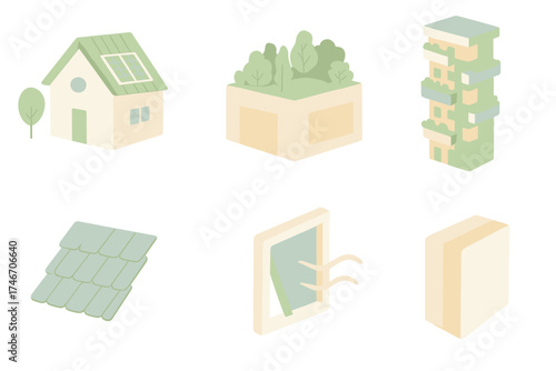 Eco-Friendly Architecture Icons. Isometric vector illustration set of green architecture: eco house, rooftop garden, vertical