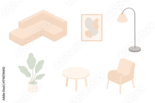 Modern Home Interior Icons. Isometric vector illustration set of modern home design: modular sofa, floor lamp, abstract painting,