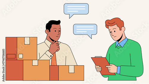 Illustration of businessmen discussing delivery, boxes, clipboard, vector illustration