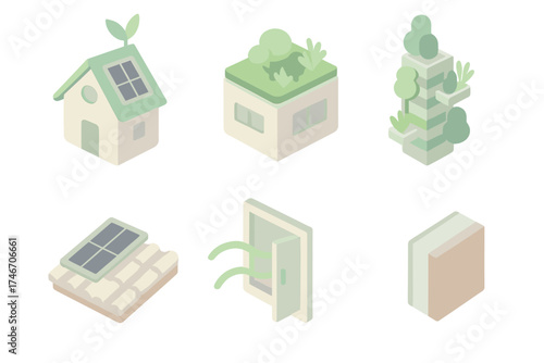 Eco-Friendly Architecture Icons. Isometric vector illustration set of green architecture: eco house, rooftop garden, vertical