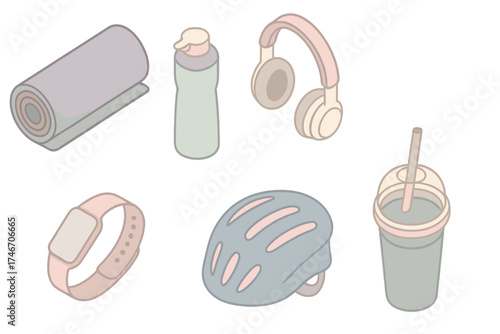 Modern Lifestyle Essentials. Isometric vector illustration set of modern lifestyle: yoga mat, reusable water bottle, headphones,
