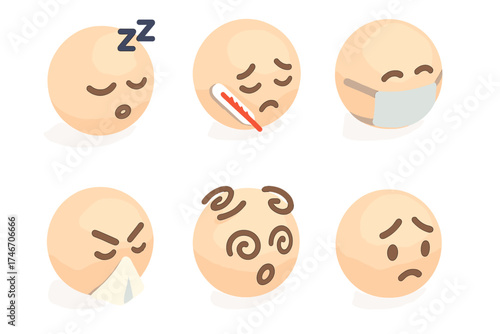 Cute Emoji Faces. Isometric vector illustration set of cute round emoji faces: sleepy zzz, sick thermometer, mask face, sneeze