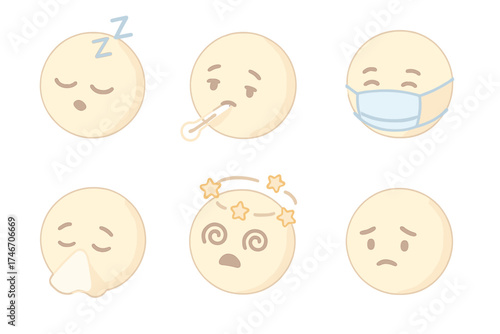 Cute Emoji Faces. Isometric vector illustration set of cute round emoji faces: sleepy zzz, sick thermometer, mask face, sneeze