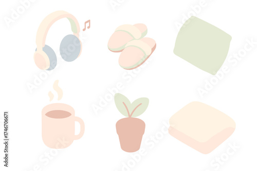 Cozy Home Office Essentials. Isometric vector illustration set of cozy home office relaxation items: headphones with music,