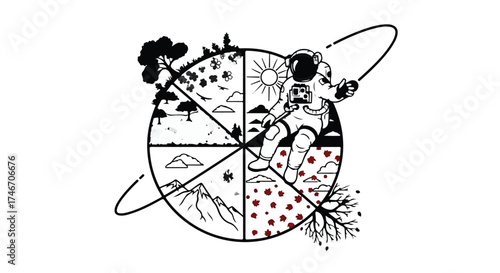 Astronaut exploring diverse natural landscapes on a segmented planet