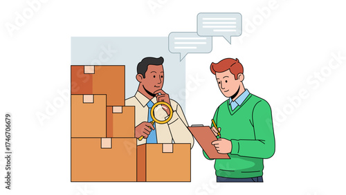 Illustration of inspector checking the quality of goods isolated on white background