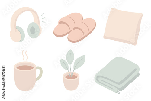 Cozy Home Office Essentials. Isometric vector illustration set of cozy home office relaxation items: headphones with music,
