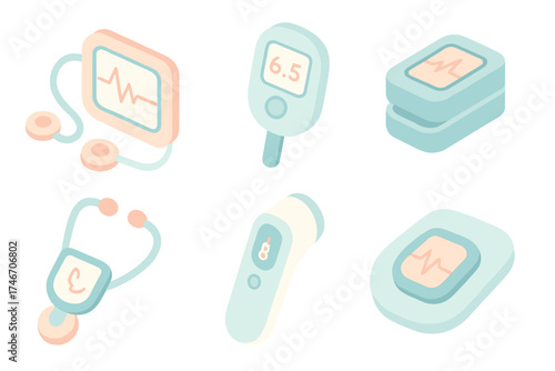 Diagnostic Technology Icons. Isometric vector illustration set of diagnostic technology: portable ECG, glucometer, pulse oximeter,