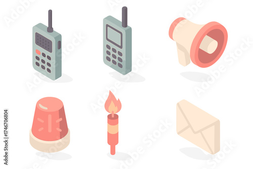 Emergency Communication Icons. Isometric vector illustration set of communication in emergency icons: walkie talkie, satellite