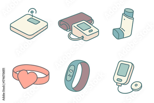 Remote Monitoring Icons. Isometric vector illustration set of remote patient monitoring icons: connected scale, blood pressure