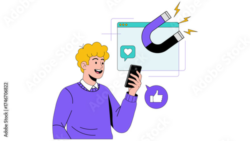 Illustration of man using social media to attract follower isolated on white background