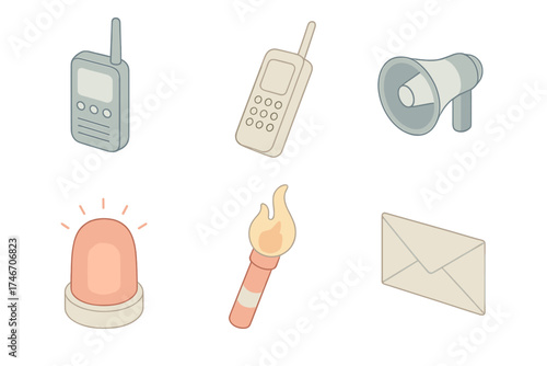 Emergency Communication Icons. Isometric vector illustration set of communication in emergency icons: walkie talkie, satellite