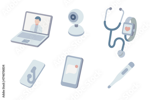Telemedicine Icon Set. Isometric vector illustration set of telemedicine icons: laptop consultation screen, webcam, stethoscope